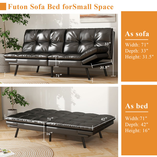 George Oliver 71 Inch Convertible Faux Leather Futon Sofa Bed with ...