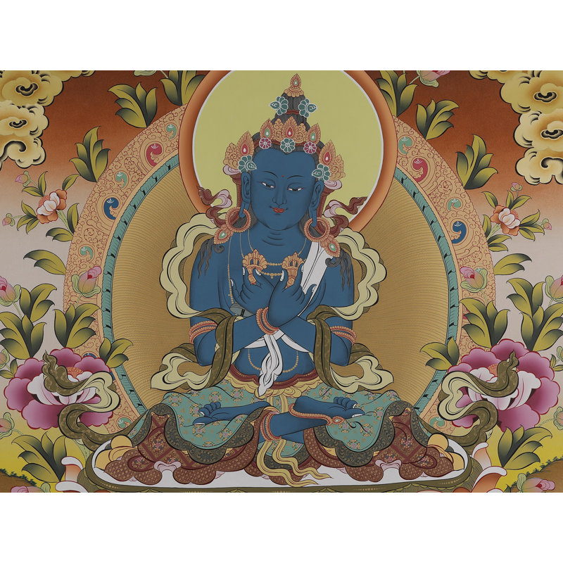 Art mural de Bouddha primitif Vajradhara - peinture traditionnelle du Thangka tibétain avec des accents en or 24 carats, grand décor de méditation bouddhiste fait à la main H 40 po x l 30 po