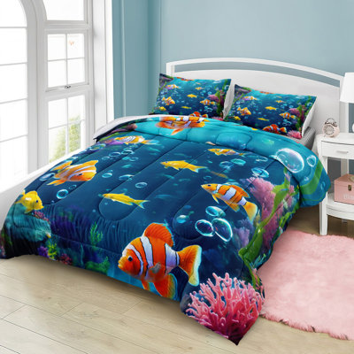 Blue Ocean Comforter Sets 4 Pcs Tropical Fish Bedding Set Colorful Fish Coral Cute Sea Animal Pattern Ocean Sealife Coastal Bedding Comforter King Size