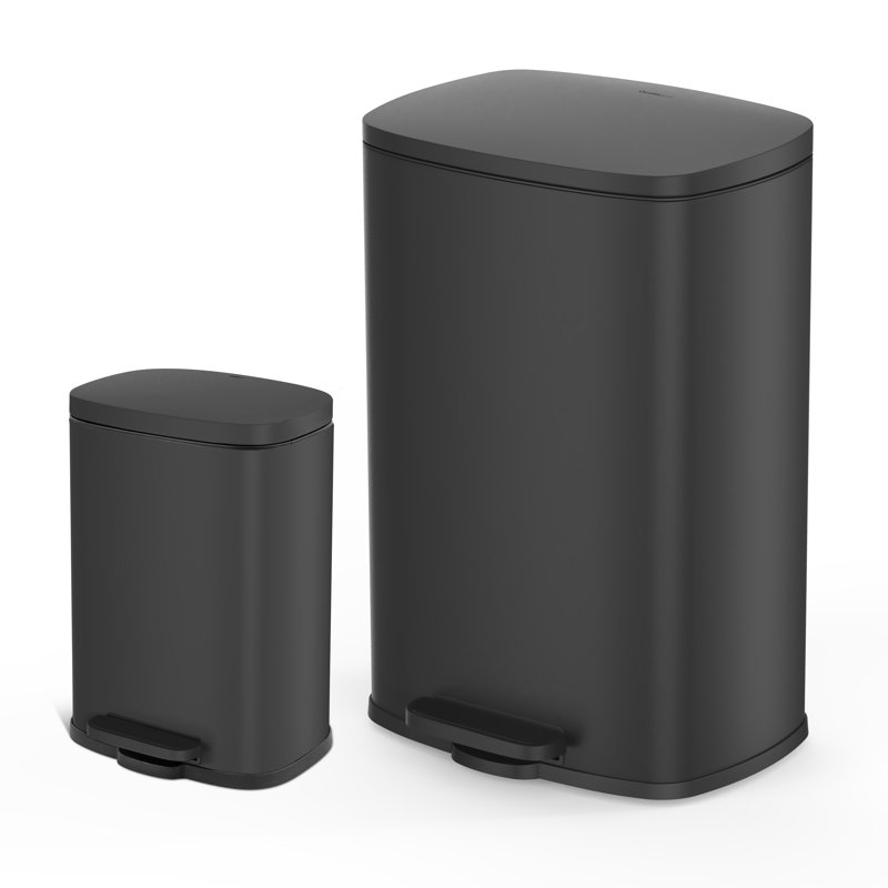 Qualiazero 13.2 Gallon and 3.2 Gallon Stainless Steel Rectangular Step On Trash Can Set, Matte Black