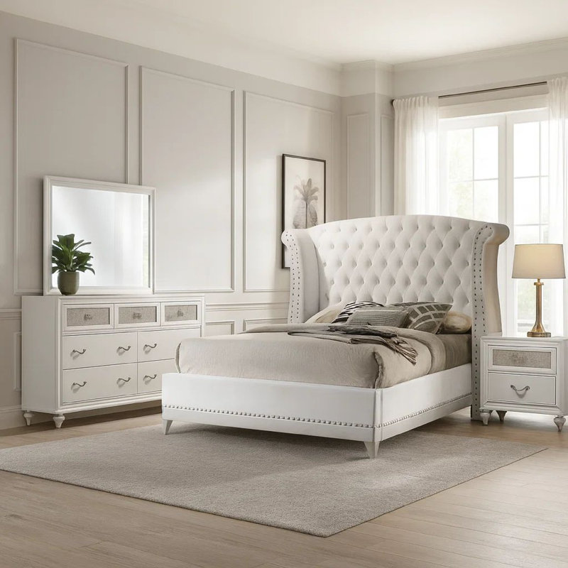 Ensemble de chambre à coucher grand lit 4 pièces Dini, à oreilles capitonnées en velours blanc avec cristaux, Grand
