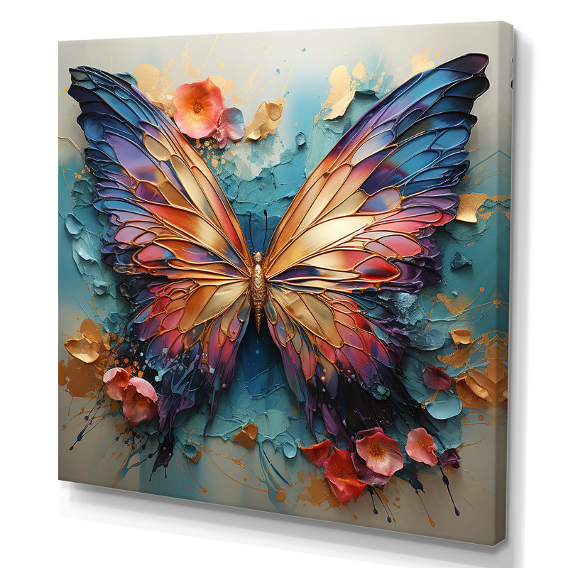 Orange et bleu, papillon métallique - art mural papillon, H 30 po x l 30 po x P 1 po, Toile tendue, Sans cadre