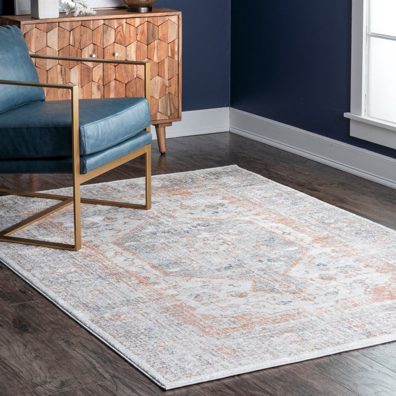 Torven Traditional Floral Power Loom Performance Silver Rug, Rectangle 4' x 6'