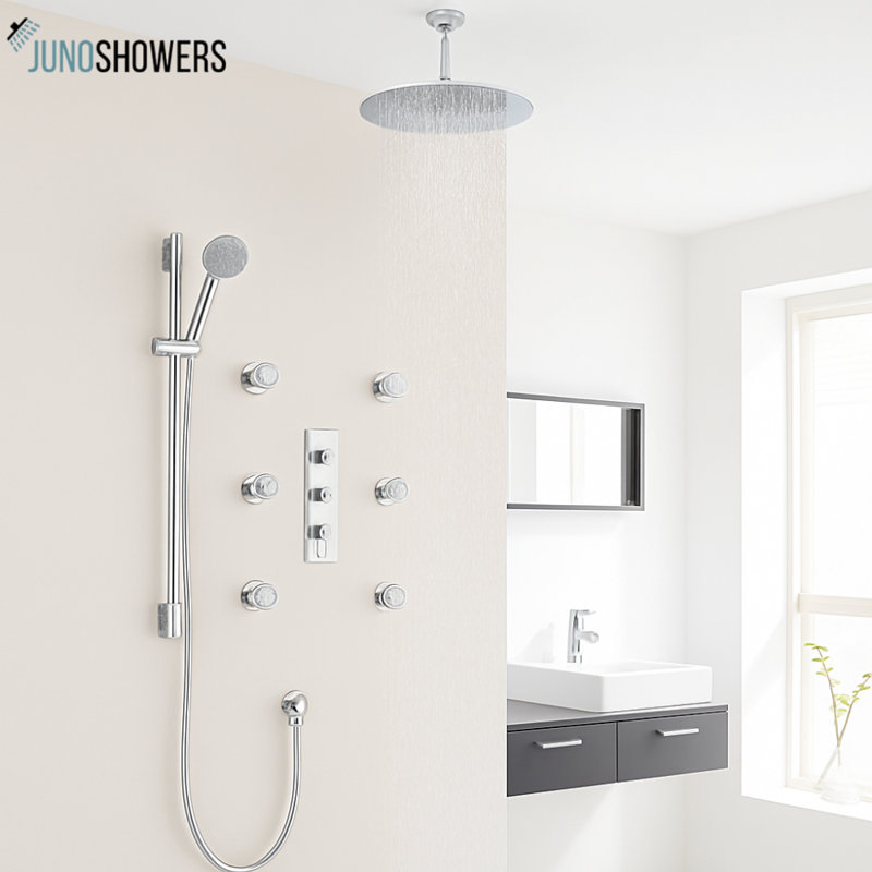 Nouveau système de douche de pluie thermostatique 24 po avec 6 jets Juno