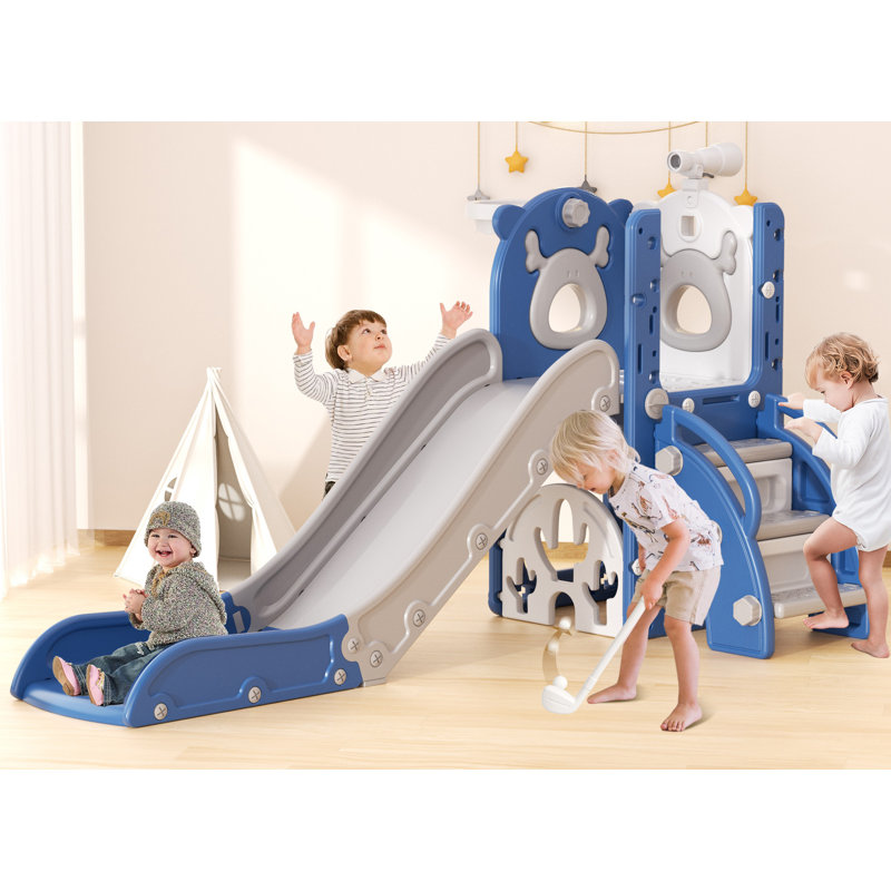 7 In 1 Kids Slide For Toddlers, Toddler Playset With Golf, Basketball Hoop, Climber And Storage Space, Blue