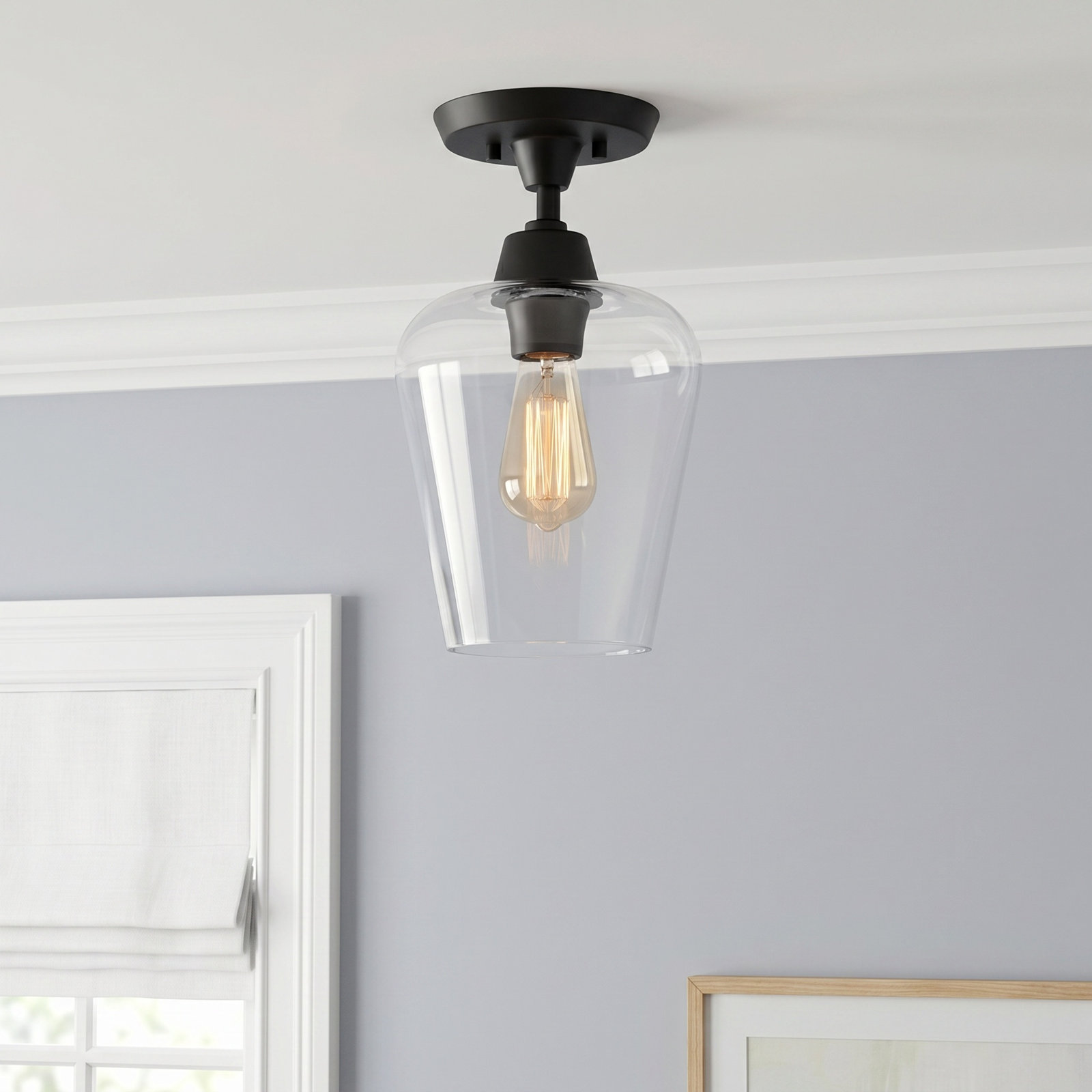 Maebel Single Light Glass Semi Flush Mount, Black