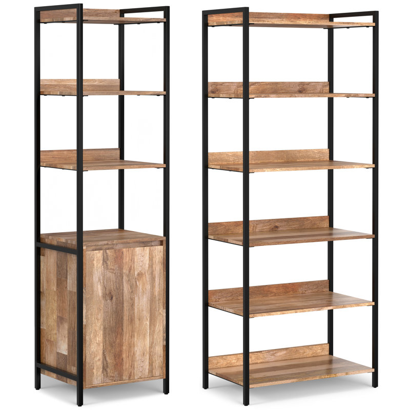 Tall Black Metal and Mango Wood Adjustable Bookcase Set