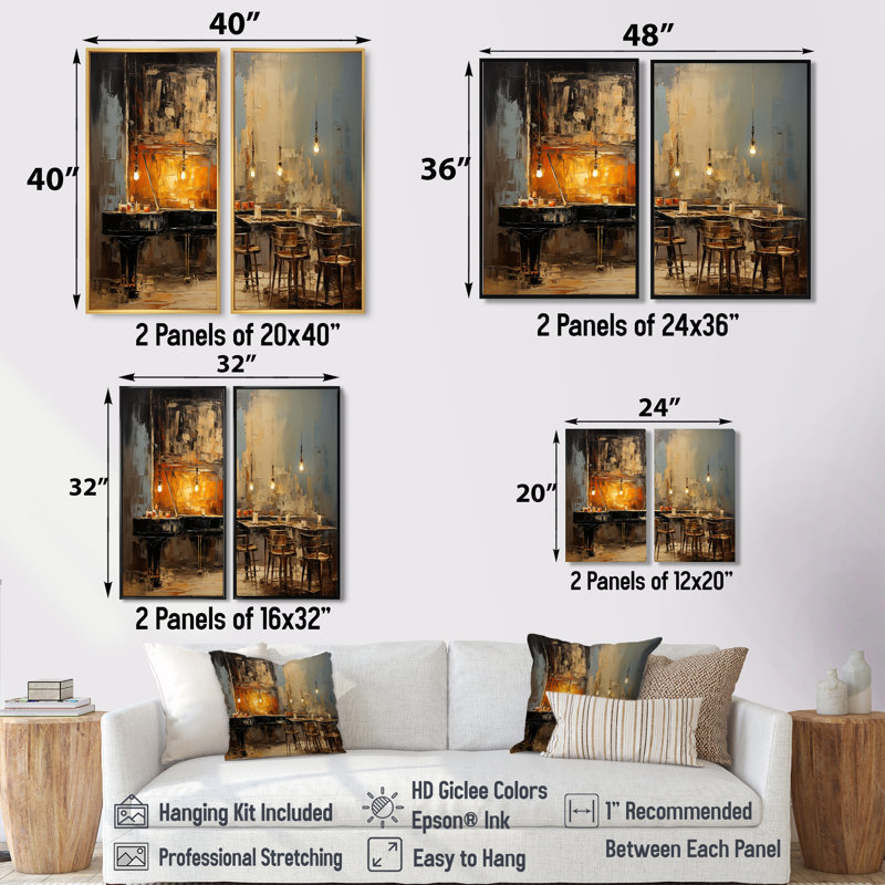 «Sonata Pinao» rétro dans un café Jazz I - art mural traditionnel 2 pièces, H 36 po x l 48 po, Impression encadrée flottante