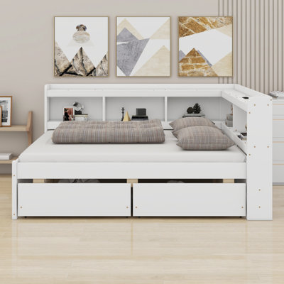 L-Shaped Bookcases Bed With Power Outlets, USB Charging Ports,Drawers