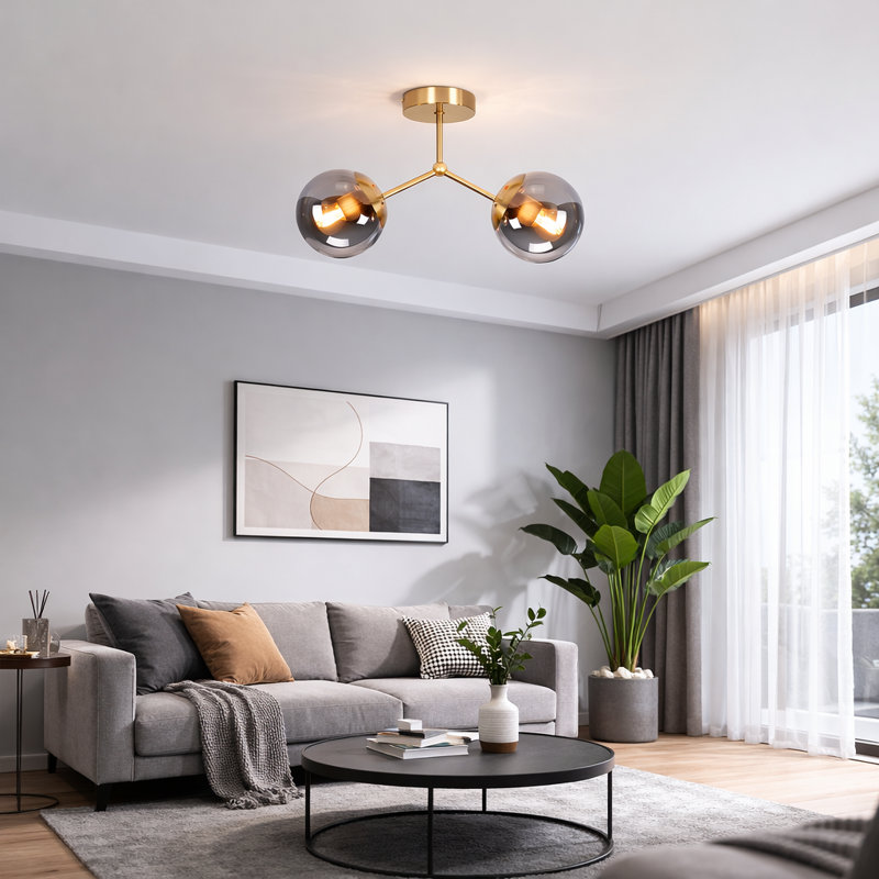 2-Light E27 Gold Glass Semi Flush Mount