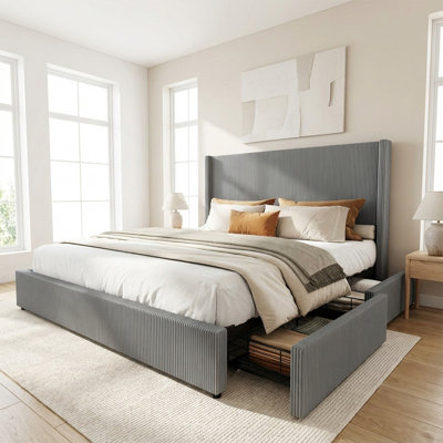 King Upholstered Platform Bed with Storage Drawers, Corduroy Wingback Tufted Headboard, No Box Spring Required, Gary