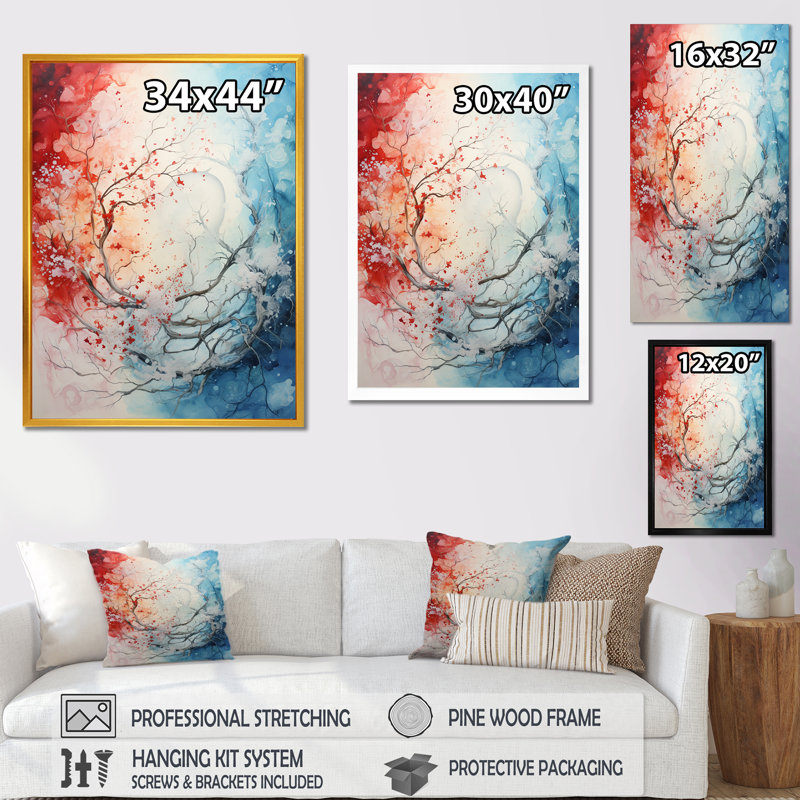 Feu et glace Tachisme arbre I - art mural tachisme, Cadre simple noir, H 20 po x l 12 po x P 1 po