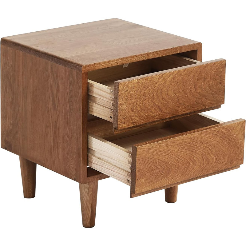 Solid Oak Wood Nightstand With 2 Drawers, Mid-Century Modern Bedside Table, Farmhouse Style End Table For Bedroom, Easy Assembly