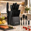 Ensemble de 19 couteaux de cuisine en acier inoxydable, affûteur intégré, compatible lave-vaisselle, manches ergonomiques antidérapants, 6 couteaux à steak, noir