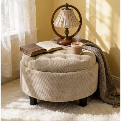 Repose-pieds de rangement de 25 po, repose-pieds rond, repose-pieds de table basse, table d'appoint en bois, pouf rembourré en tissu, petit meuble de rangement, rangement caché, décor de maison de campagne moderne, salon, chambre à coucher