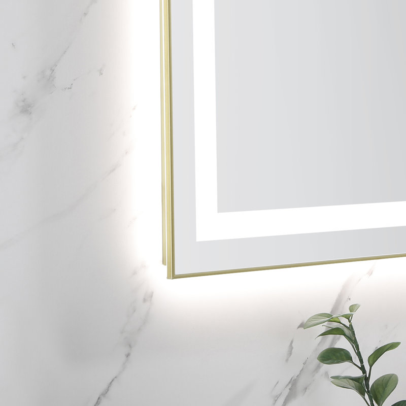Miroir de salle de bain 55 po x 30 po à DEL avec façade et rétroéclairage, miroir de meuble-lavabo mural avec cadre en aluminium, antibuée, mémoire, 3 couleurs, gradation continue