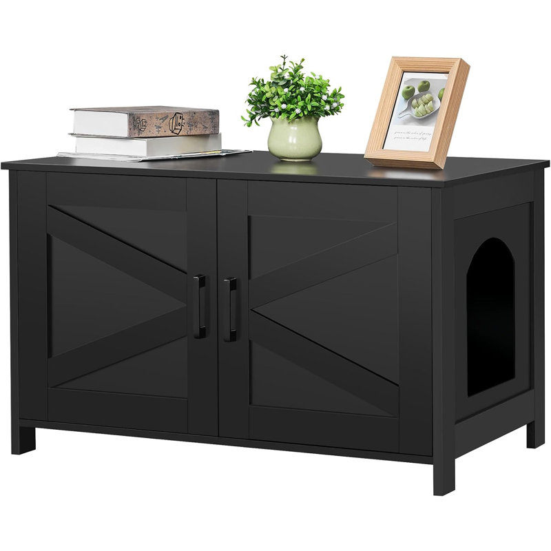 Black Wooden Double Room Cat Litter Box Enclosure