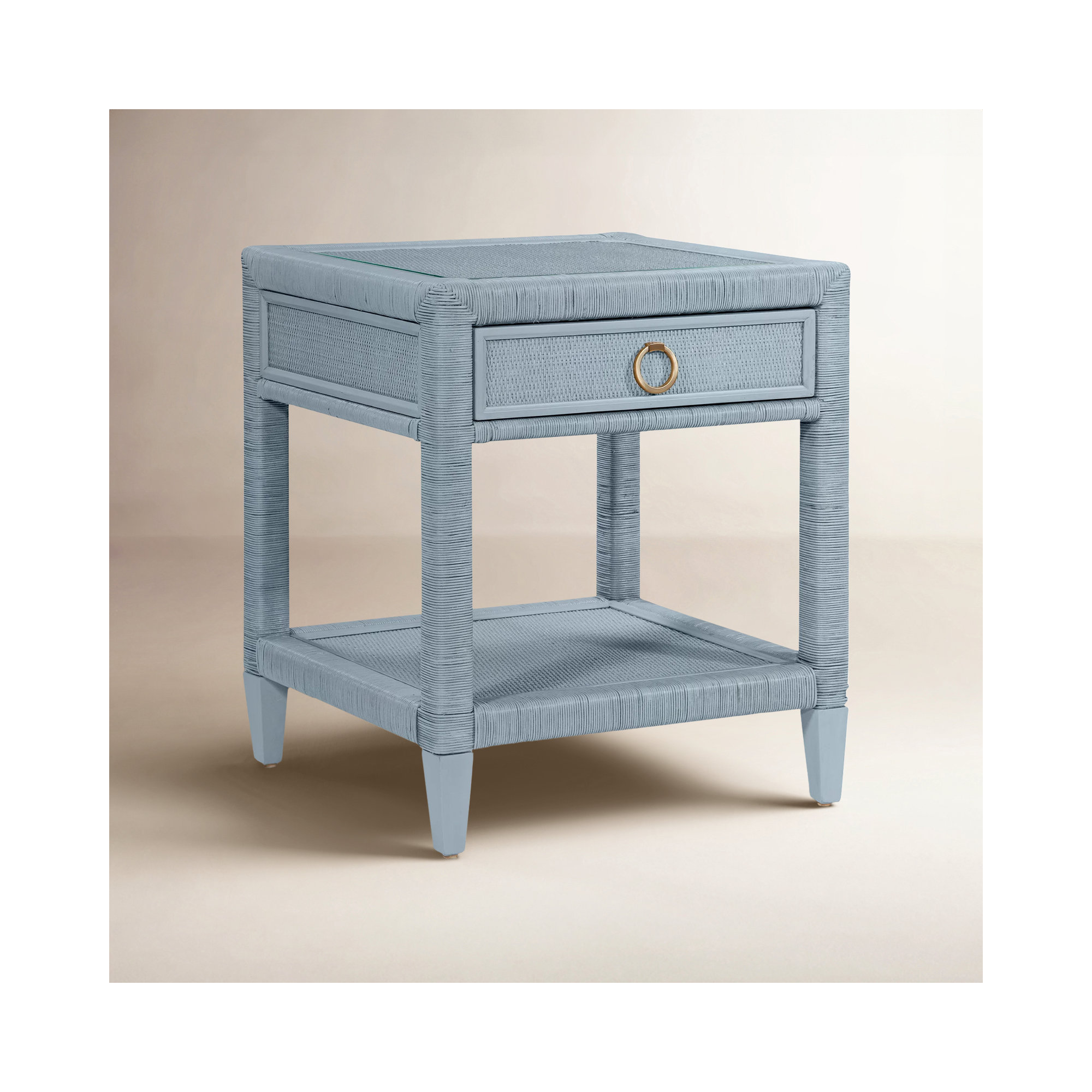 Warwick 1 - Drawer Wicker/Rattan Nightstand, Sea Glass, Satin Brass
