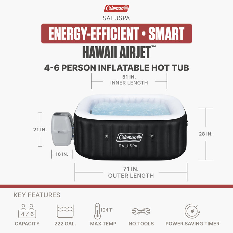 Coleman Hawaii 4-6 Person AirJet Inflatable Hot Tub w/EnergySense Cover, 71"x28"