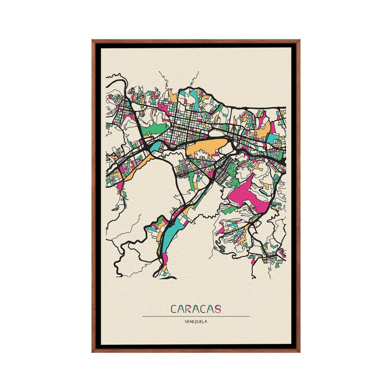 Caracas, Venezuela Map by Ayse Deniz Akerman - Floater Frame Print on Canvas, 66.04 cm H x 45.72 cm W, Brown Floater Frame