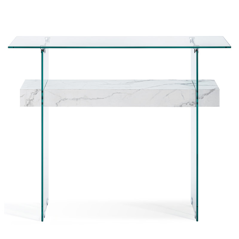 Console en verre trempé avec tablette, Marbre blanc, H 31,5 po x l 39,4 po x P 13,8 po