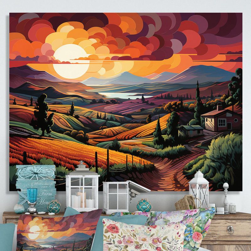 «Vineyard Sunset Rows Of Ruby Landscape III», reproduction sur toile, H 30 po x l 40 po x P 1,5 po, Toile tendue
