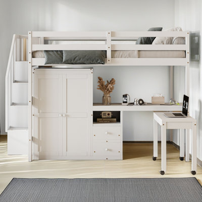 Loft Bed With Stairs, Bookshelf, Drawers, Desk & Wardrobe