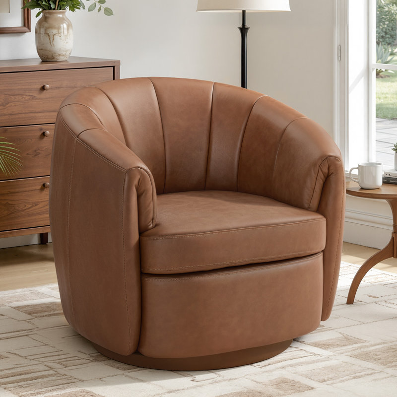 Fauteuil demi-tonneau pivotant en cuir Modern Geniue, Cuir fleur brun