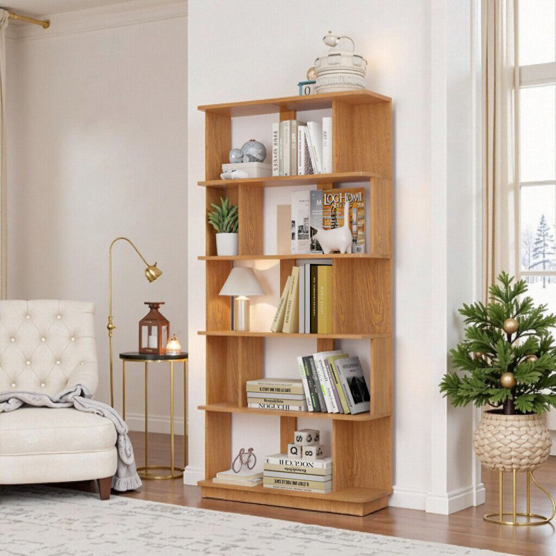 5-Tier Engineered Wood Bookcase, 64.56" Tall Organizer Display Shelves, Dark Oak