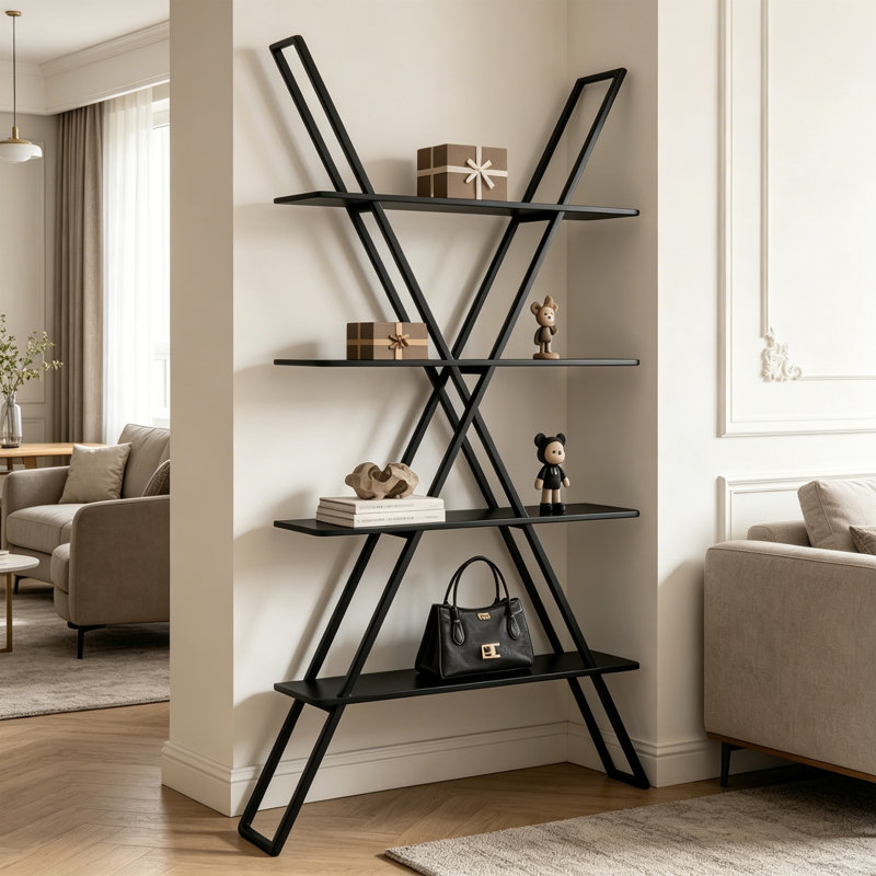 4 Tier X Frame Metal Display Shelf, Black, (4 Shelves) 68.9"H x 39.37"W x 11.81"D