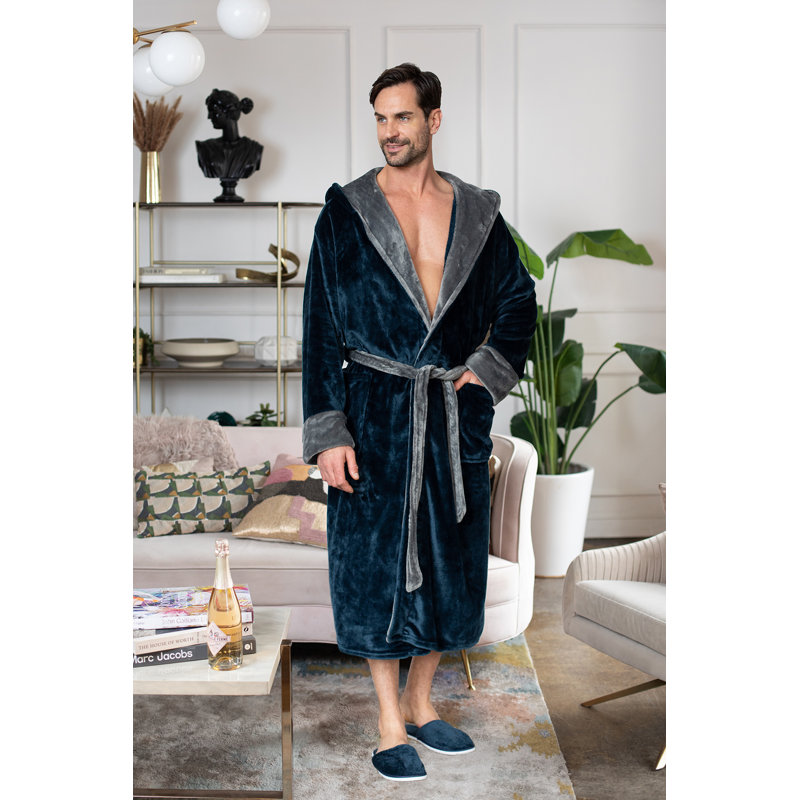 LOTUS LINEN - Peignoir moelleux à capuche, Bleu marine / Gris foncé, TG / TTG