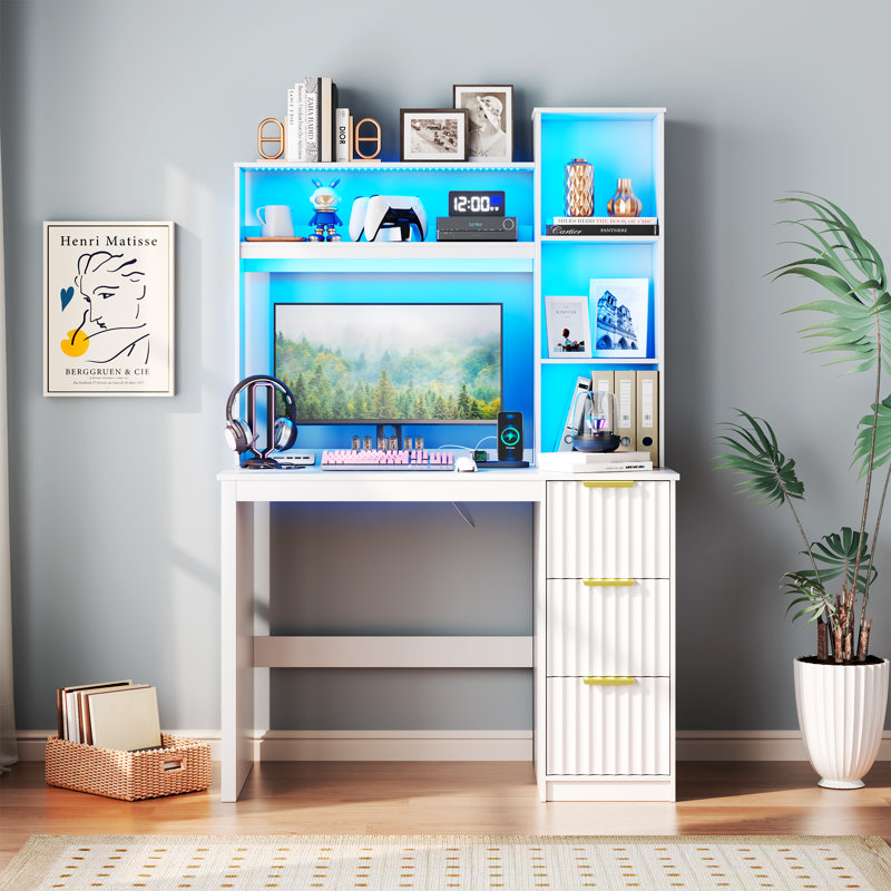 Computer Desk with 3 Drawers, LED Lighting, Charging Station & Bookshelf, Alabaster White