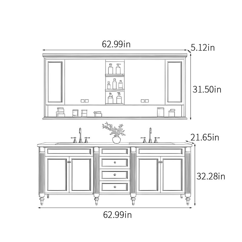 Armoire de salle de bain de style médiéval français rétro, Noir, H 32,28 po x l 62,99 po x P 21,65 po