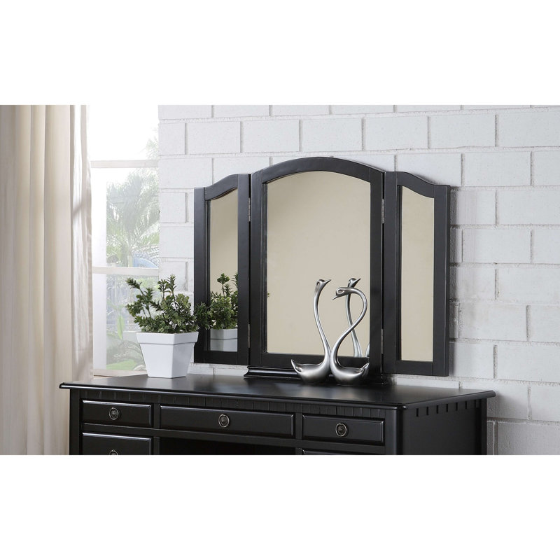 Bedroom Contemporary Vanity Set W Foldable Mirror Stool Drawers, Black