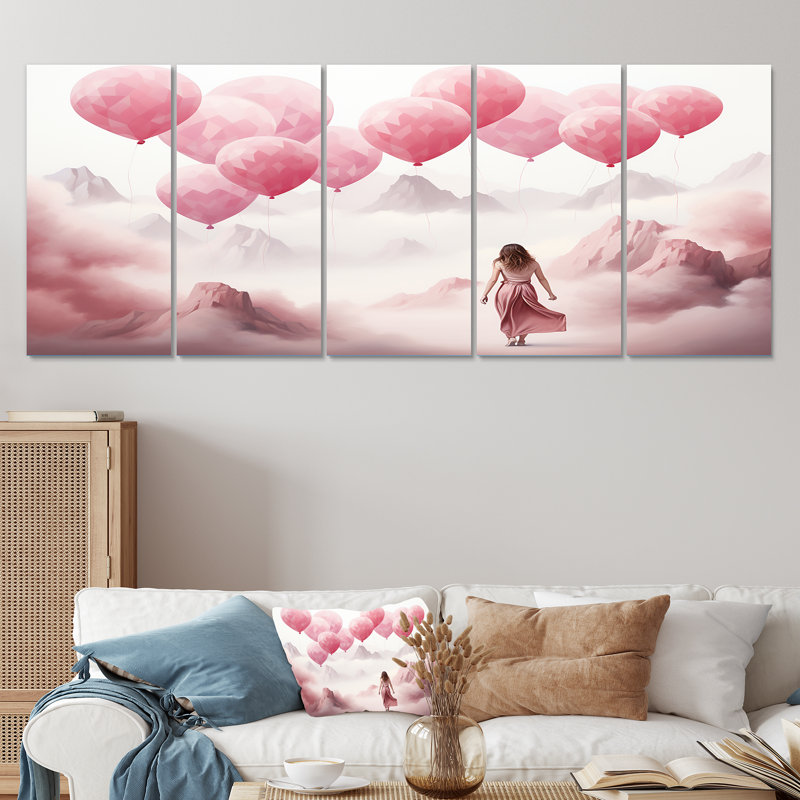 «Rose and White Air Balloon Solitude III - Abstract Landscape», ensemble de 5 décorations murales, H 28 po x l 60 po