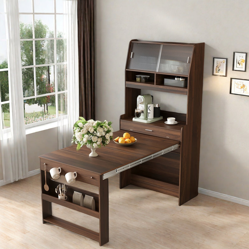 Buffet avec huche et table de salle à manger pliable, tablettes de rangement, crochets latéraux et armoire avec portes coulissantes
