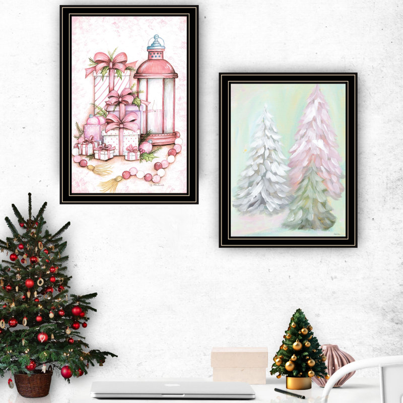 2 Pink Candy Land Christmas Trees Wall Art For Every Room, Wood & Paper Frame, Made In Elevate Your Home With Adornment Piece, Theme, And