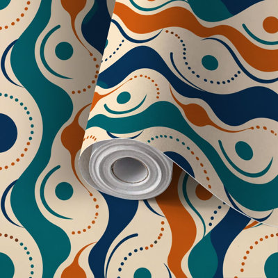Papier peint auto-adhésif à motif de vagues abstraites bleu orange, crème et auto-adhésif 17,7 po x 118 po (45 x 300 cm)