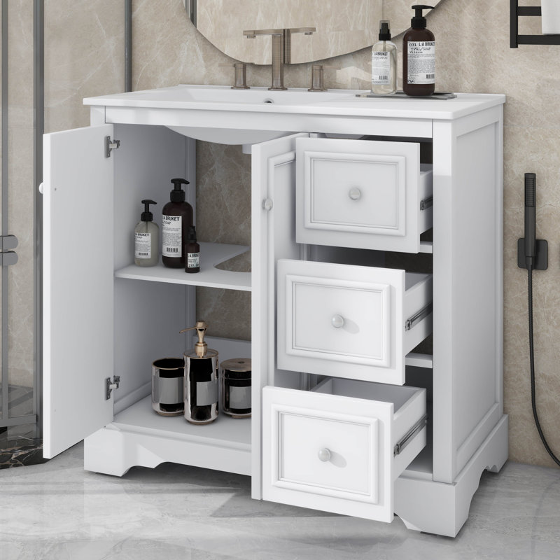Meuble-lavabo autonome 36 po avec lavabo en céramique 3 tiroirs, 2 portes et tablette réglable, Blanc
