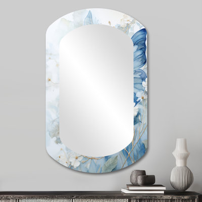 Massie Blue Butterfly Whispering Wings II - Butterfly Asymmetrical Decorative Wall Mirror, Blue Cylinder Large Mirror, Printed Metal Art