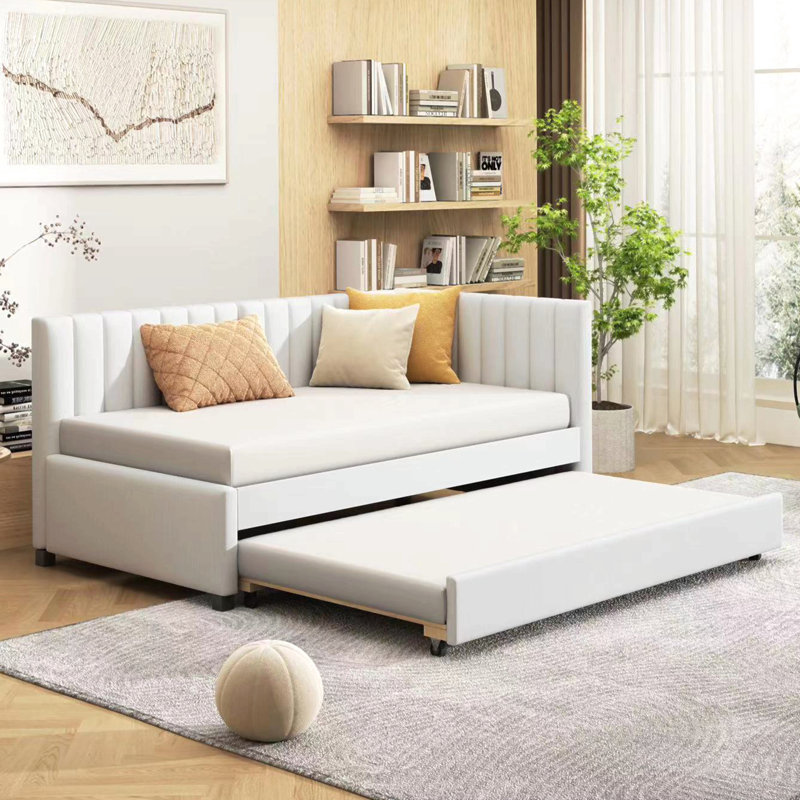 Lit de jour rembourré avec couchette simple pour canapé-lit, pas de sommier tapissier, tissu en lin, Beige
