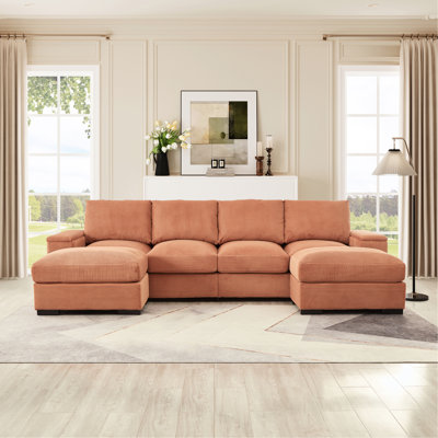 Spacieux canapé modulaire avec rangement avec accoudoirs, tissu en velours côtelé, espace de rangement pour repose-pieds en forme de U, revêtement, salon