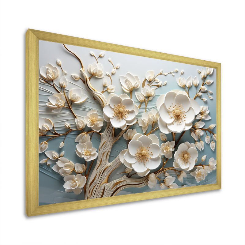 Orchidée blanche jardin de branches 9 - Art mural floral abstrait, Cadre d'angle fermé doré, H 12 po x l 20 po x P 1 po