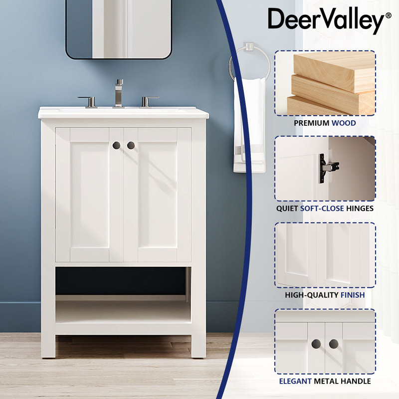 24" White Solid Wood Freestanding Bathroom Vanity with Ceramic Sink
