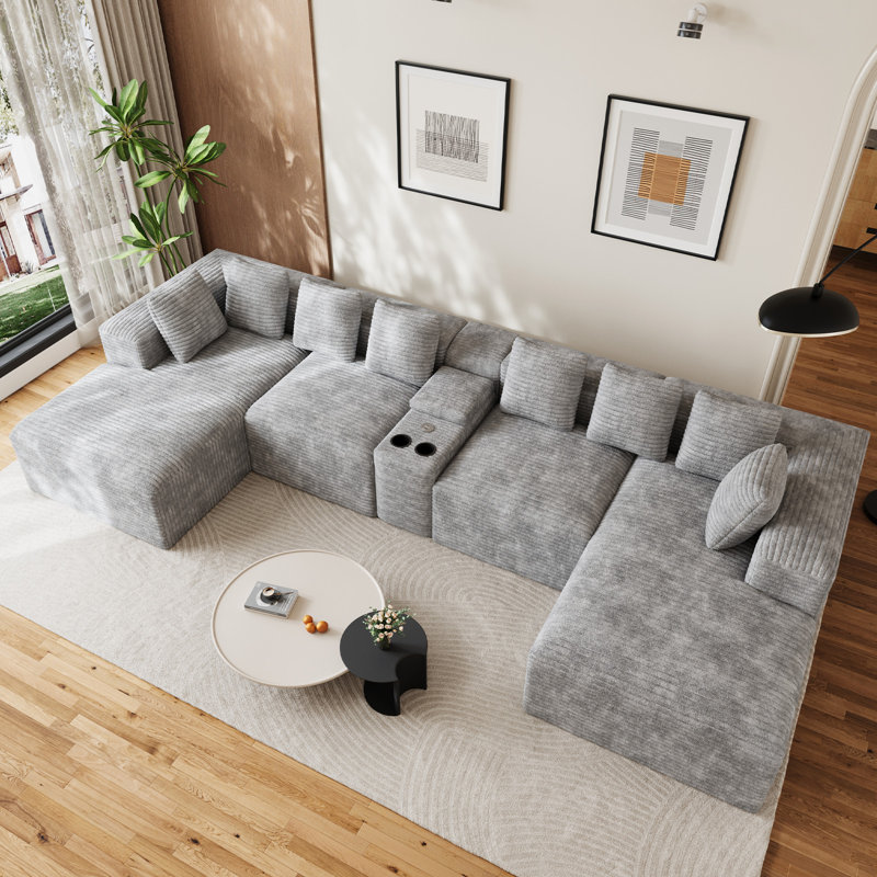 Boneless 143"W 5 - Piece No Assembly Required Sectional Sofa With Chaises, Console & Cup Holder, Gray
