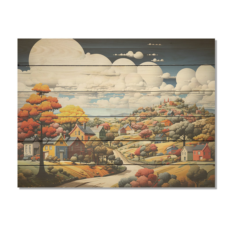 De Stijl Style County Side I - Art mural en bois campagne sur bois de pin naturel, H 10 po x l 20 po