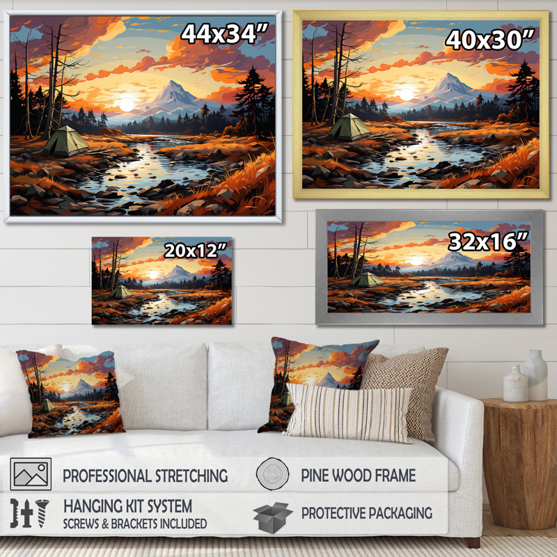 «Camping by the River», impression sur toile, Cadre flottant noir, 34" H x 44" W