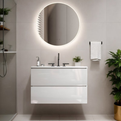Meuble-lavabo flottant mural blanc brillant avec lavabo en céramique Tia - grand rangement, pré-assemblé pour salle de bain moderne