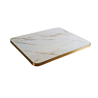 24 po x 24 po, plateau de table en marbre fritté blanc 1 1/8 po avec veines dorées et bordure en aluminium, pour une utilisation intérieure / extérieure