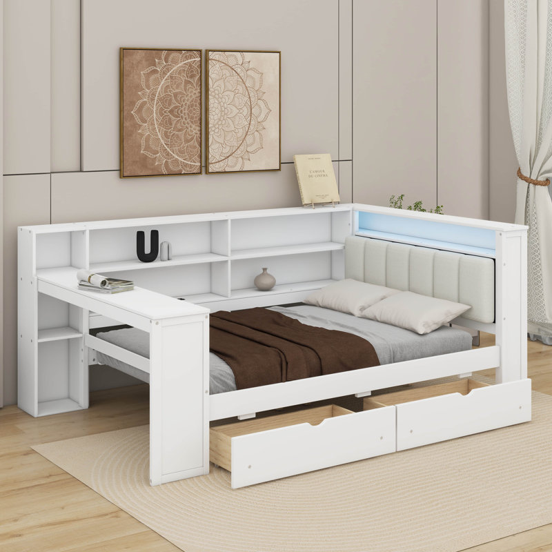 Lit plateforme double avec tiroirs, station de charge, DEL, Blanc / beige